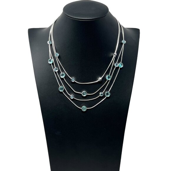 Silver Tone with Turquoise Blue Colored Crystals 4 Strand Chain Necklace - Picture 1 of 11